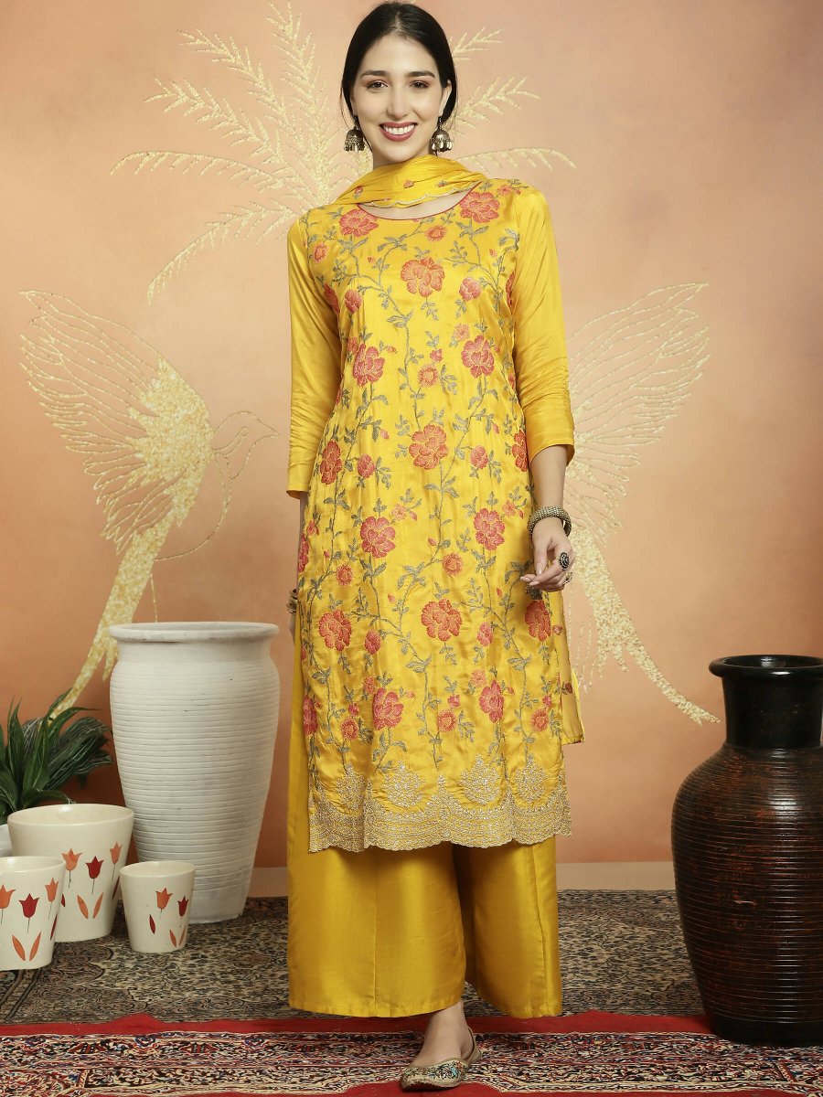 Aastha Fashion Women's Yellow Upada Silk Floral Resham Thread Kurta with Trouser & Dupatta - Distacart