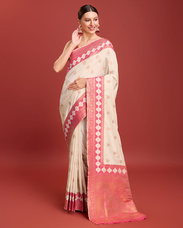 Monjolika Fashion Cream Color Banarasi Rich Zari Woven Weave For Opulent Charm Silk Saree - Distacart