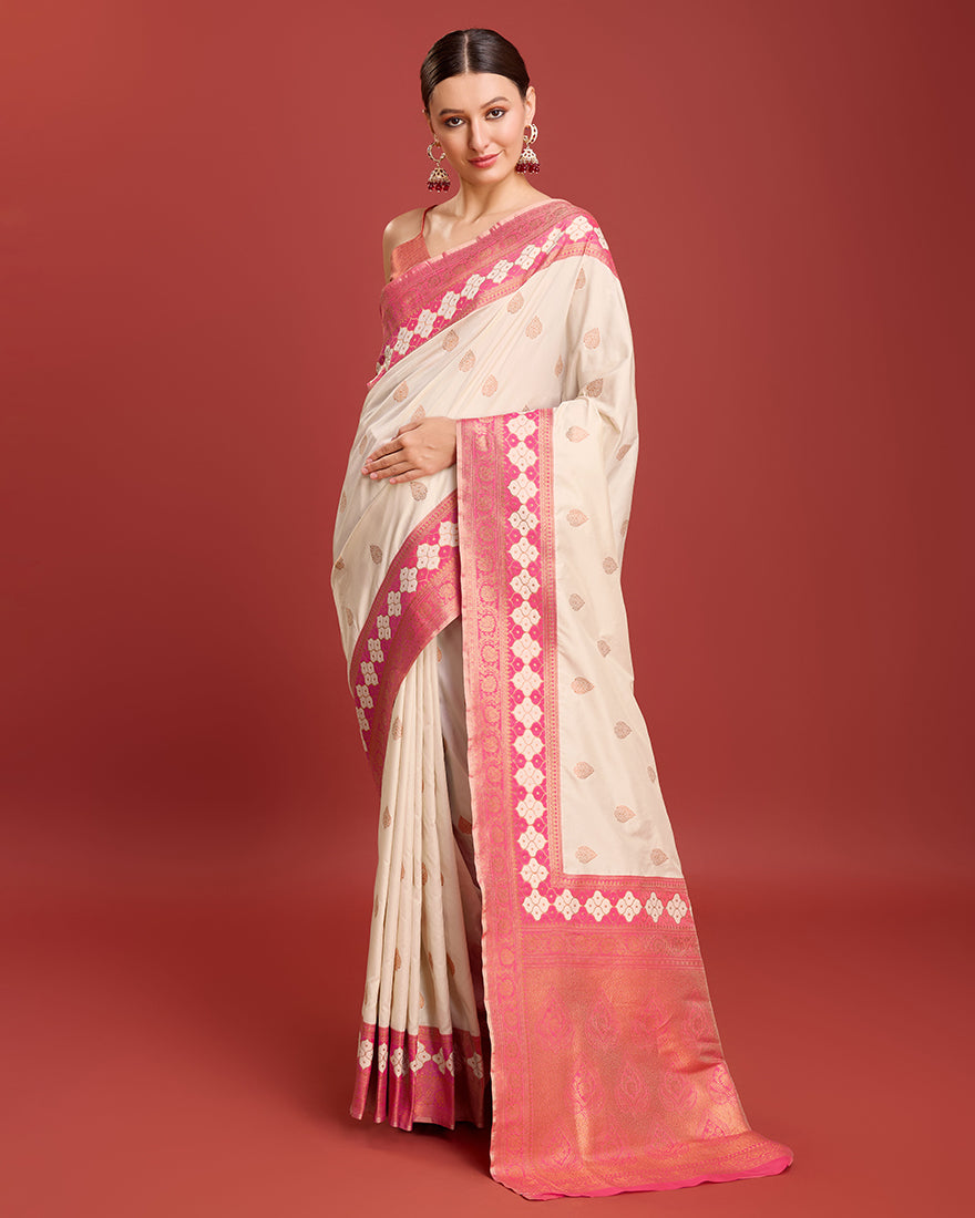 Monjolika Fashion Cream Color Banarasi Rich Zari Woven Weave For Opulent Charm Silk Saree - Distacart