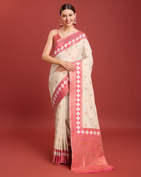 Monjolika Fashion Cream Color Banarasi Rich Zari Woven Weave For Opulent Charm Silk Saree - Distacart