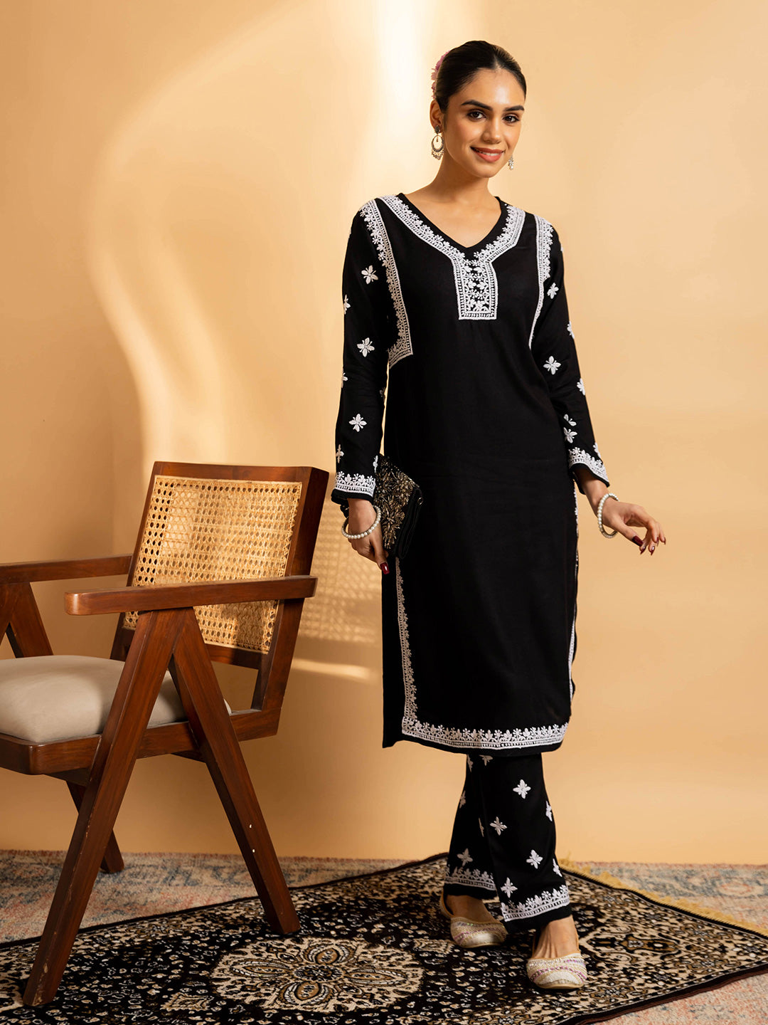 HOUSE OF KARI Floral Embroidered Chikankari Kurta With Trouser - Distacart