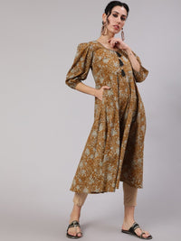 Thumbnail for Aks Floral Printed Puff Sleeves Cotton Anarkali Kurta - Distacart