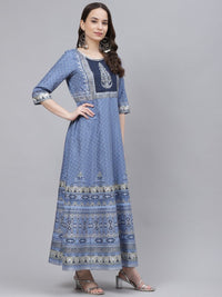 Thumbnail for AURELIA Blue & Beige Ethnic Motifs A-Line Maxi Dress