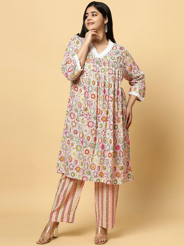 Sztori Plus Size Floral Printed V- Neck Pleated Pure Cotton A-Line Kurta With Lace Detail - Distacart