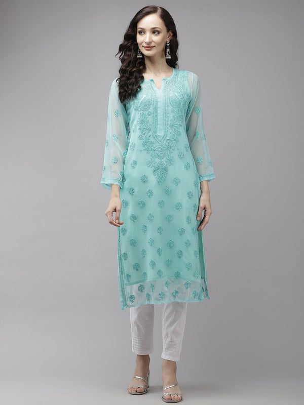 ADA Women Sea Green Embroidered Regular Chikankari Handloom Kurta with Trousers - Distacart