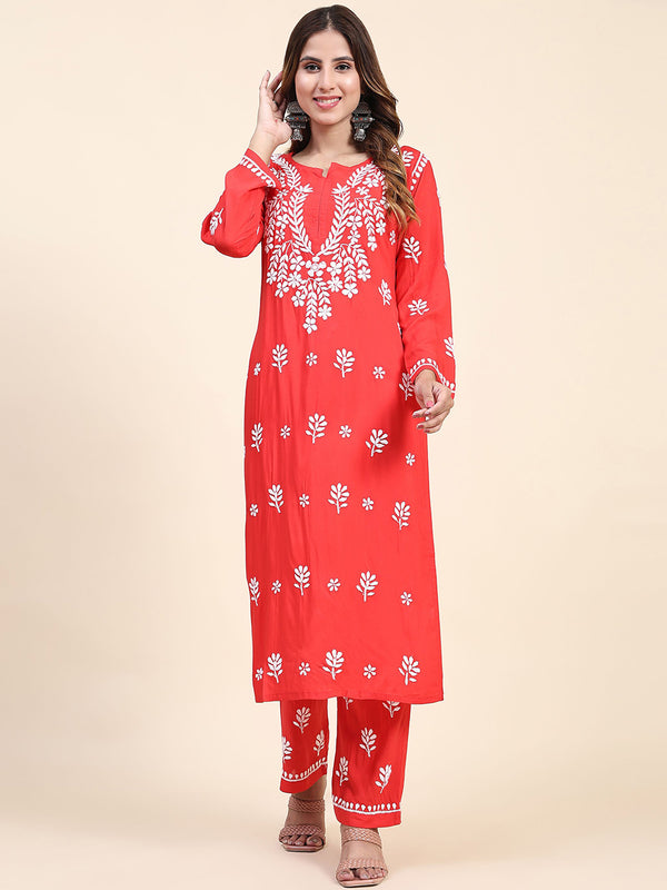 HOUSE OF KARI Floral Embroidered Chikankari Pure Cotton Straight Kurta With Trousers - Distacart