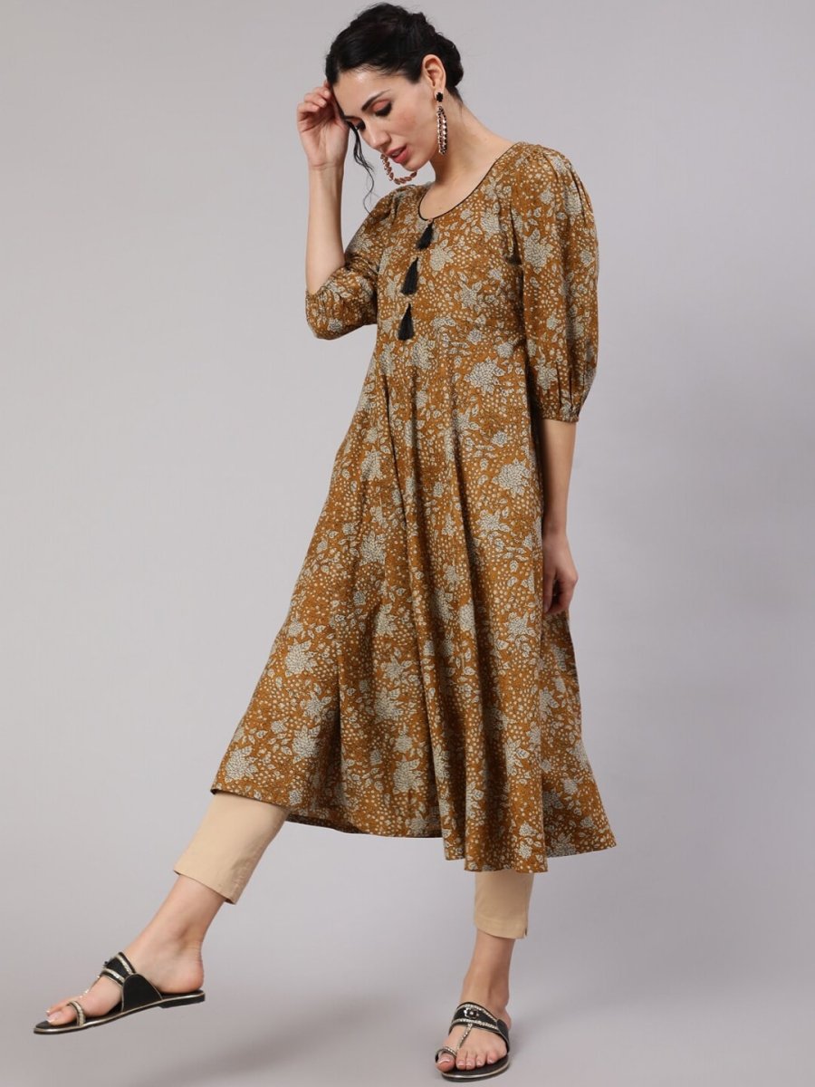 Aks Floral Printed Puff Sleeves Cotton Anarkali Kurta - Distacart