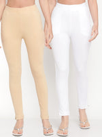 Thumbnail for TAG 7 Set Of 2 Beige & White Solid Leggings - Distacart