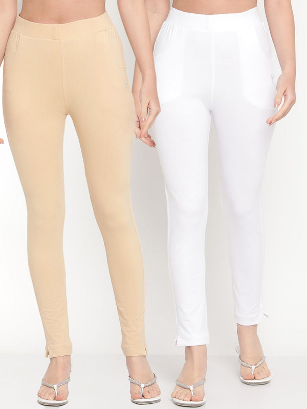 TAG 7 Set Of 2 Beige & White Solid Leggings - Distacart
