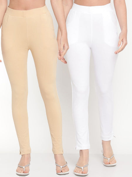 TAG 7 Set Of 2 Beige & White Solid Leggings - Distacart