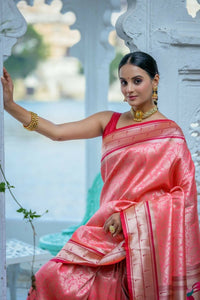 Thumbnail for Aastha Fashion Peach Woven Kanjivaram Silk Saree with Blouse - Distacart