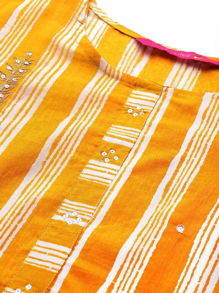 Anubhutee Yellow Ethnic Motifs Striped Thread Work Pure Cotton Kurta with Palazzos & With Dupatta - Distacart