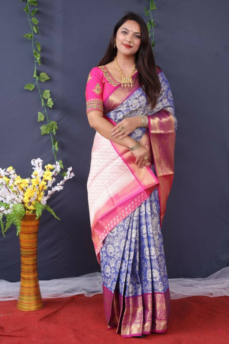 Aastha Fashion Blue Woven Tissue Silk Saree with Blouse - Distacart