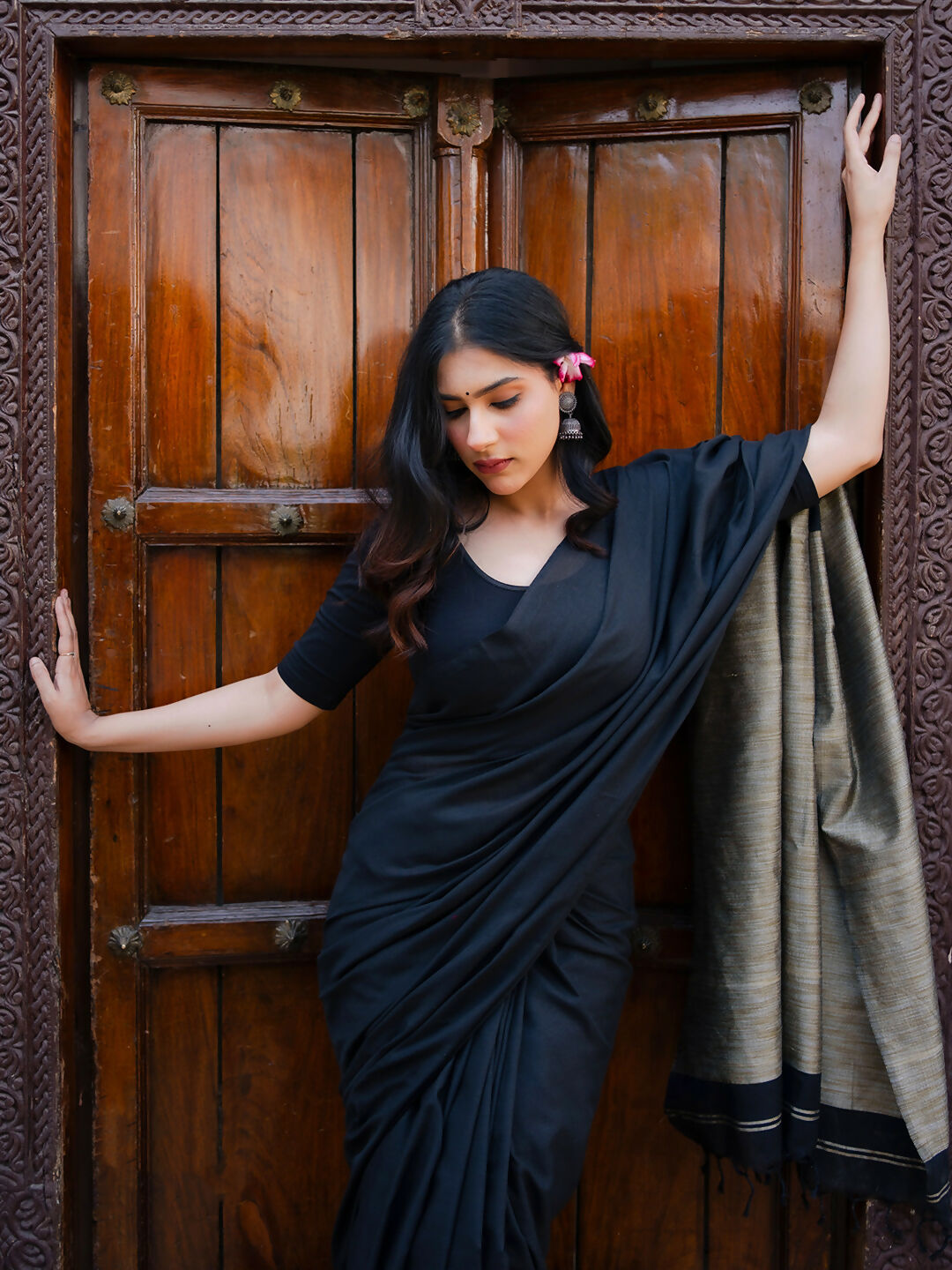 Zibaa Black & Gold Mul Cotton Saree