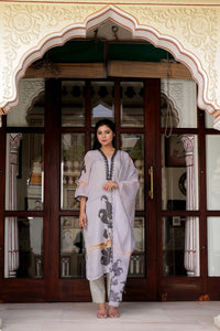 Thumbnail for Vaasva Women Grey Tabby Slik Print & Embroidered Kurta, Pant & Dupatta Straight - Distacart