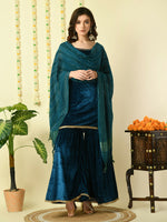 Thumbnail for Myshka Women's Teal Velvet Kurti & Sharara With Dupatta Party Sets - Distacart