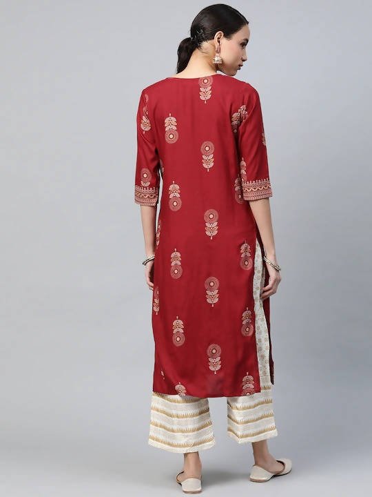 Anubhutee Maroon & White Ethnic Motifs Print Kurta with Palazzos - Distacart