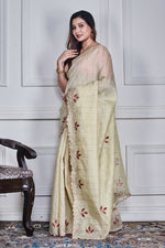 Thumbnail for Morchari Beige Kota Check Zari Embroidery Saree Unstitched Blouse