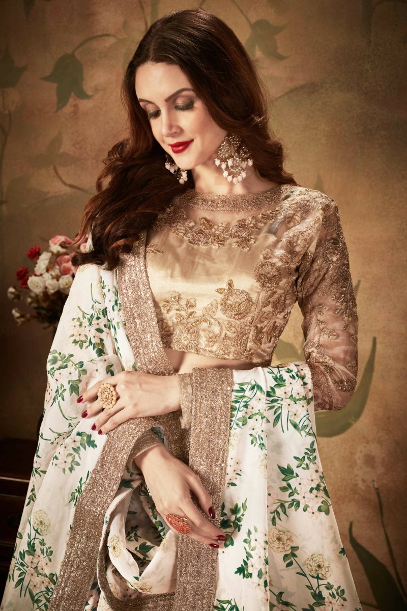 Aastha Fashion Women's Breathtaking Off-White Sabyasachi Floral Printed Organza Silk Party Wear Lehenga Choli With Blouse - Distacart