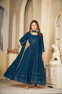 Thumbnail for Jyoti Fashion Women's Rama Georgette Embroidered Anarkali Kurta Pant Set With Dupatta