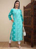 Thumbnail for Vishudh Green Floral Printed Keyhole Neck Straight Kurta - Distacart