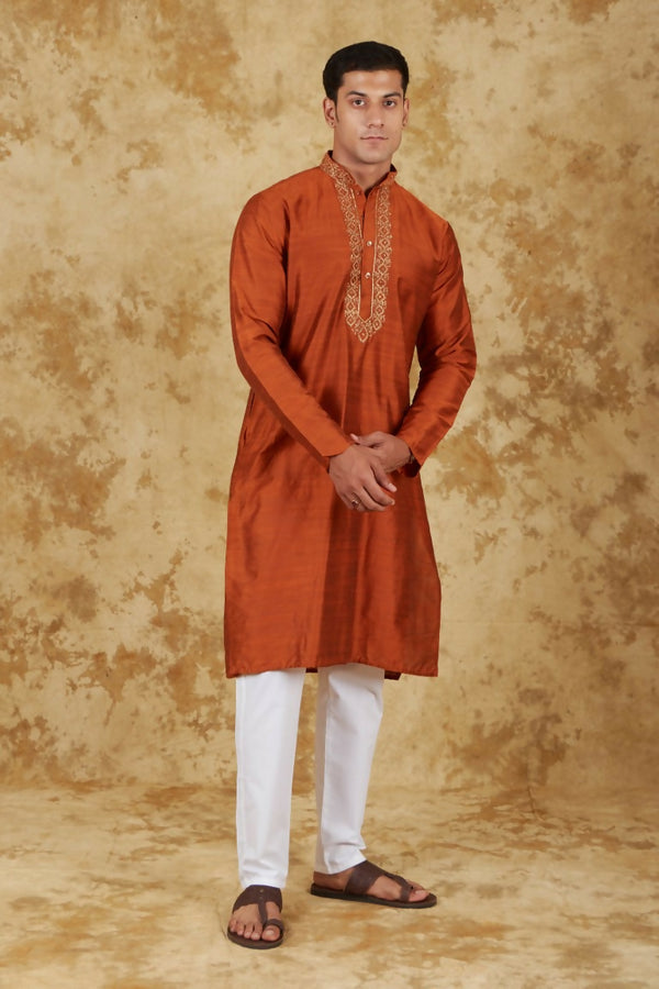 Bluesaanchi Men's Handloom Embroidered Tawny Kurta Set - Distacart