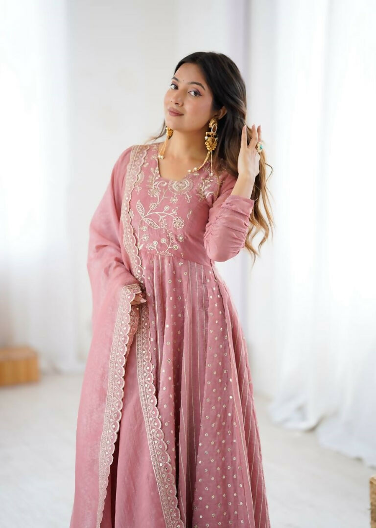 Teeya Creation Baby Pink Color Heavy Crunchy Silk Embroidery Work Gown