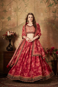 Thumbnail for Aastha Fashion Women's Stunning Maroon Floral Print Organza Silk Wedding Lehenga Choli With Peach Blouse - Distacart