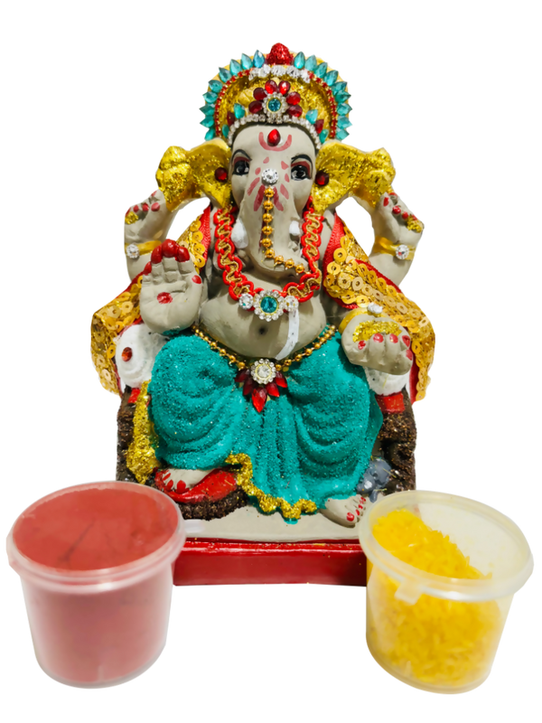 Eco-Friendly Ganesh Idol Small (Non-Toxic Colors) With Kumkum & Akshat - Limited Time Offer - Distacart