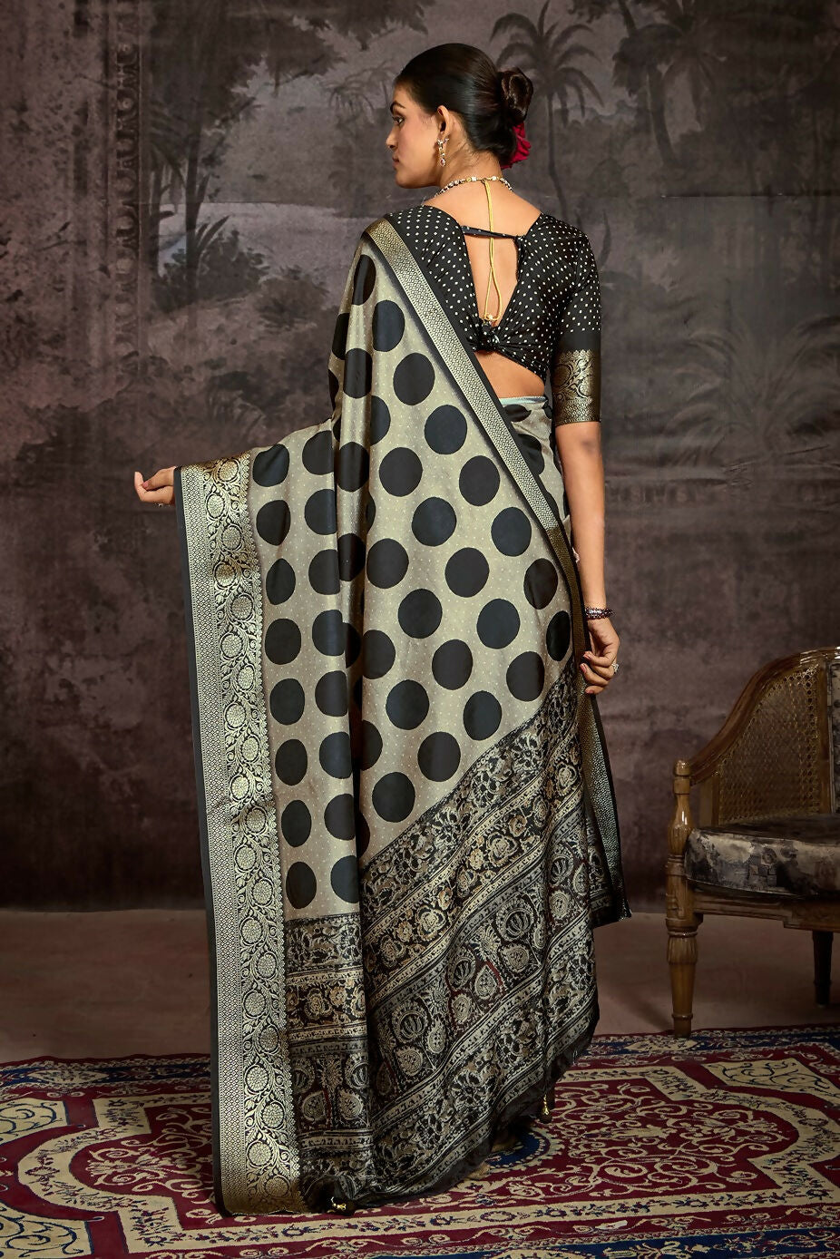 Joban Fashion Black Art Silk With Fine Viscose Border Ajrak Full Body Print With Soft Finish Saree