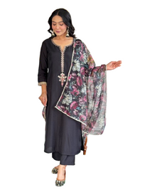 Thumbnail for Lyush Women's Henley Neck Work Rayon Slub Fabric Kurta Pant With Dupatta Set - Black