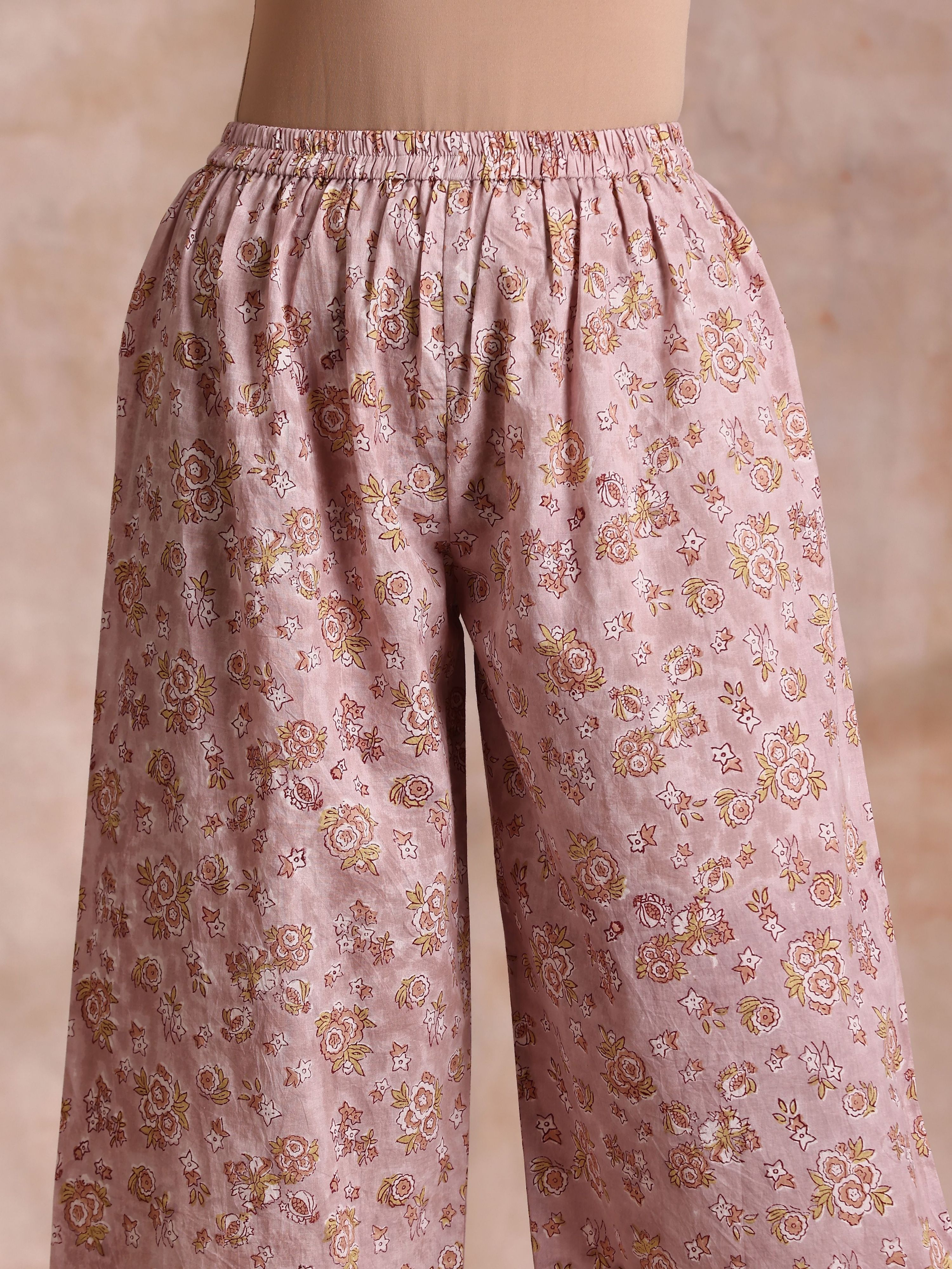 trueBrowns Grey Overall Floral Block Print Cotton High-Low Co-Ord Set - Distacart