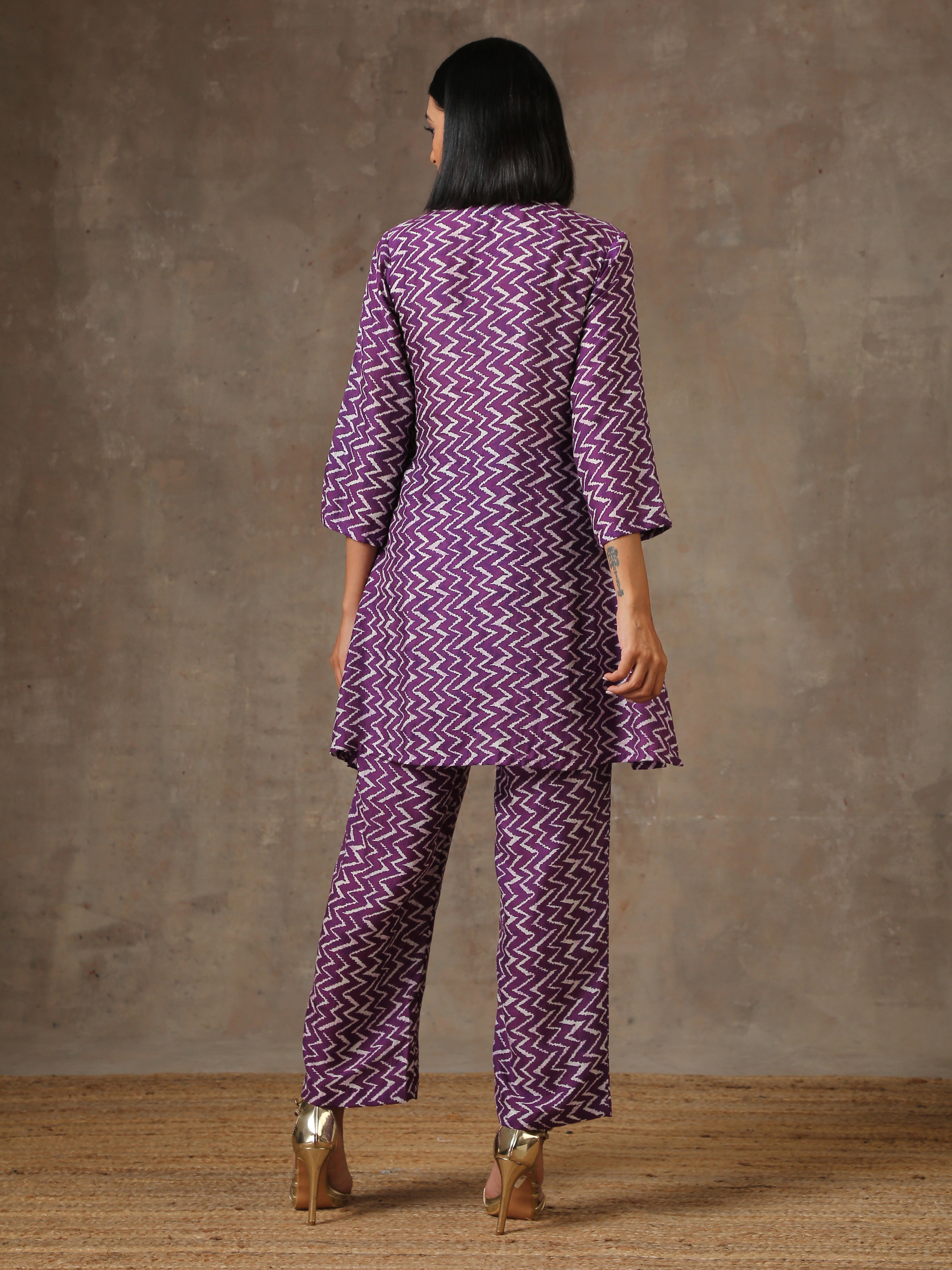 trueBrowns Purple White Lehariya Printed Silk Co-Ord Set - Distacart