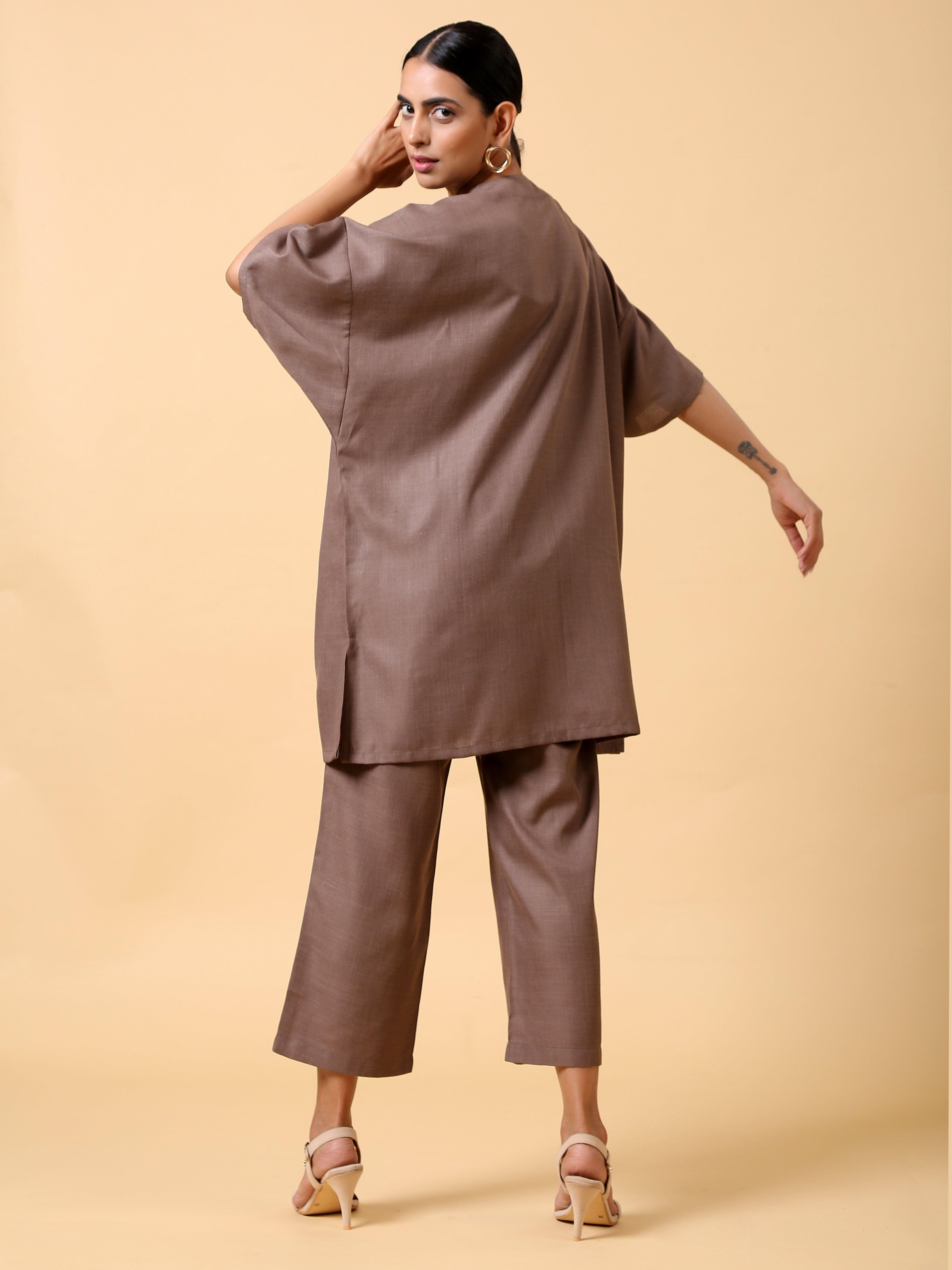 trueBrowns Cotton Linen Burnt Brown Boxy Fit Co-Ord Set - Distacart