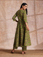 Thumbnail for trueBrowns Lime Green Overall Pink Floral Block Print Cotton Flared Kurta Pant Set - Distacart