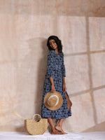 Thumbnail for trueBrowns Indigo Dabu Overall Print Cotton Wrap Dress - Distacart