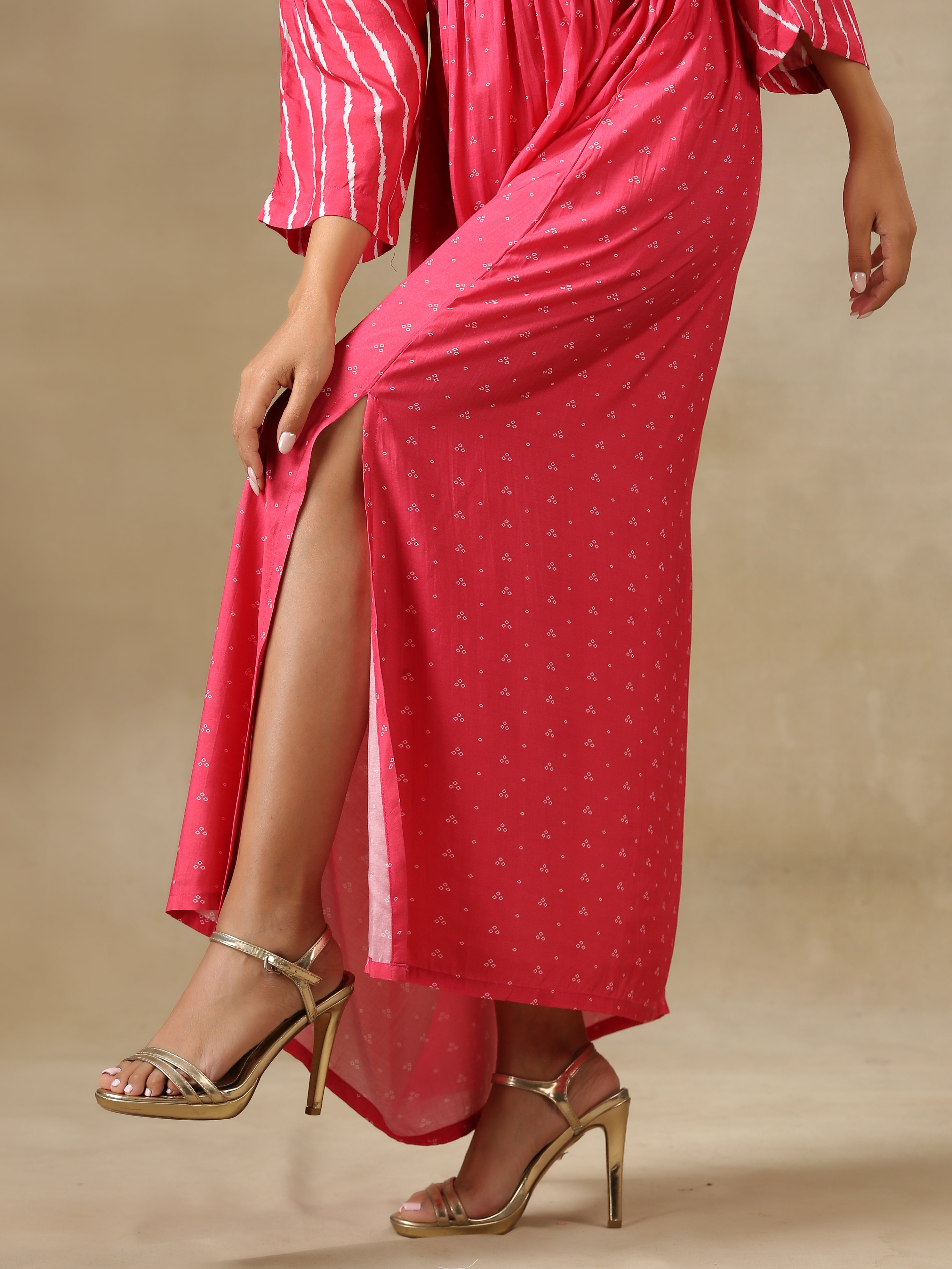 trueBrowns Pink Bandhani Printed Silk Drop Shoulder Dress - Distacart