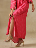 Thumbnail for trueBrowns Pink Bandhani Printed Silk Drop Shoulder Dress - Distacart