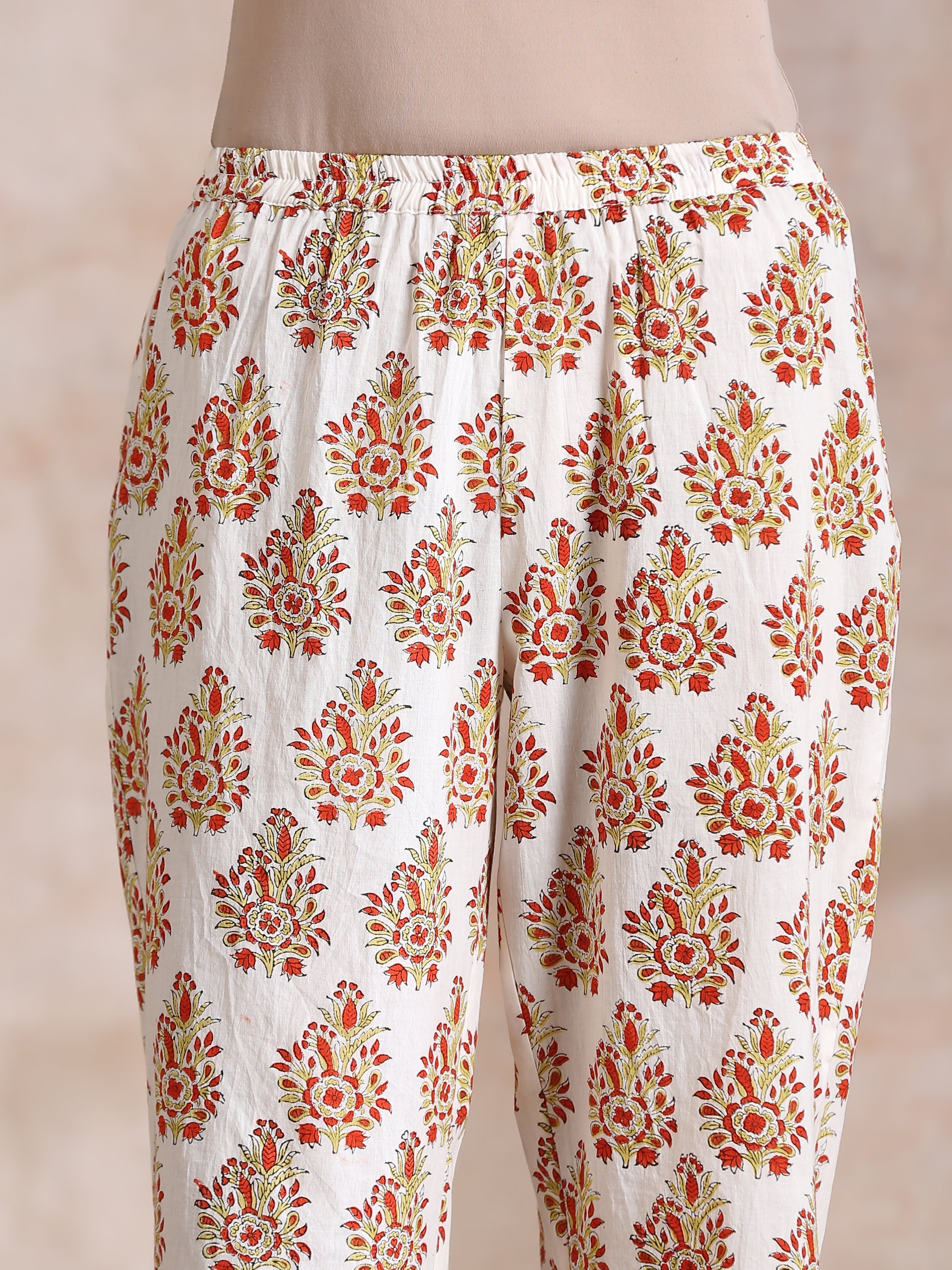 trueBrowns Yellow Overall Floral Block Print Cotton Sleeveless Kurta Pant Set - Distacart