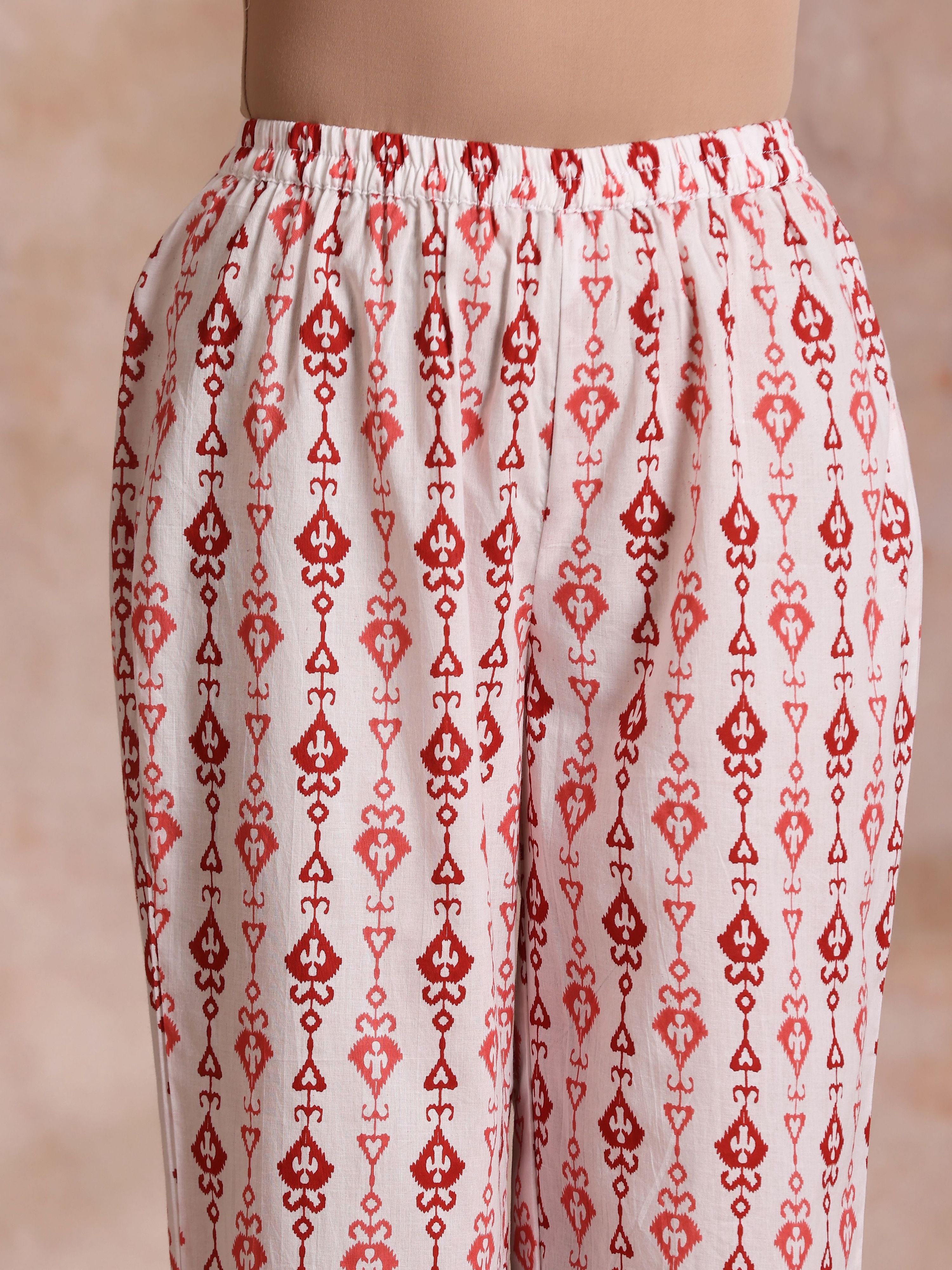 trueBrowns Red On Red Ikat Print Cotton Kurta Pant Set - Distacart