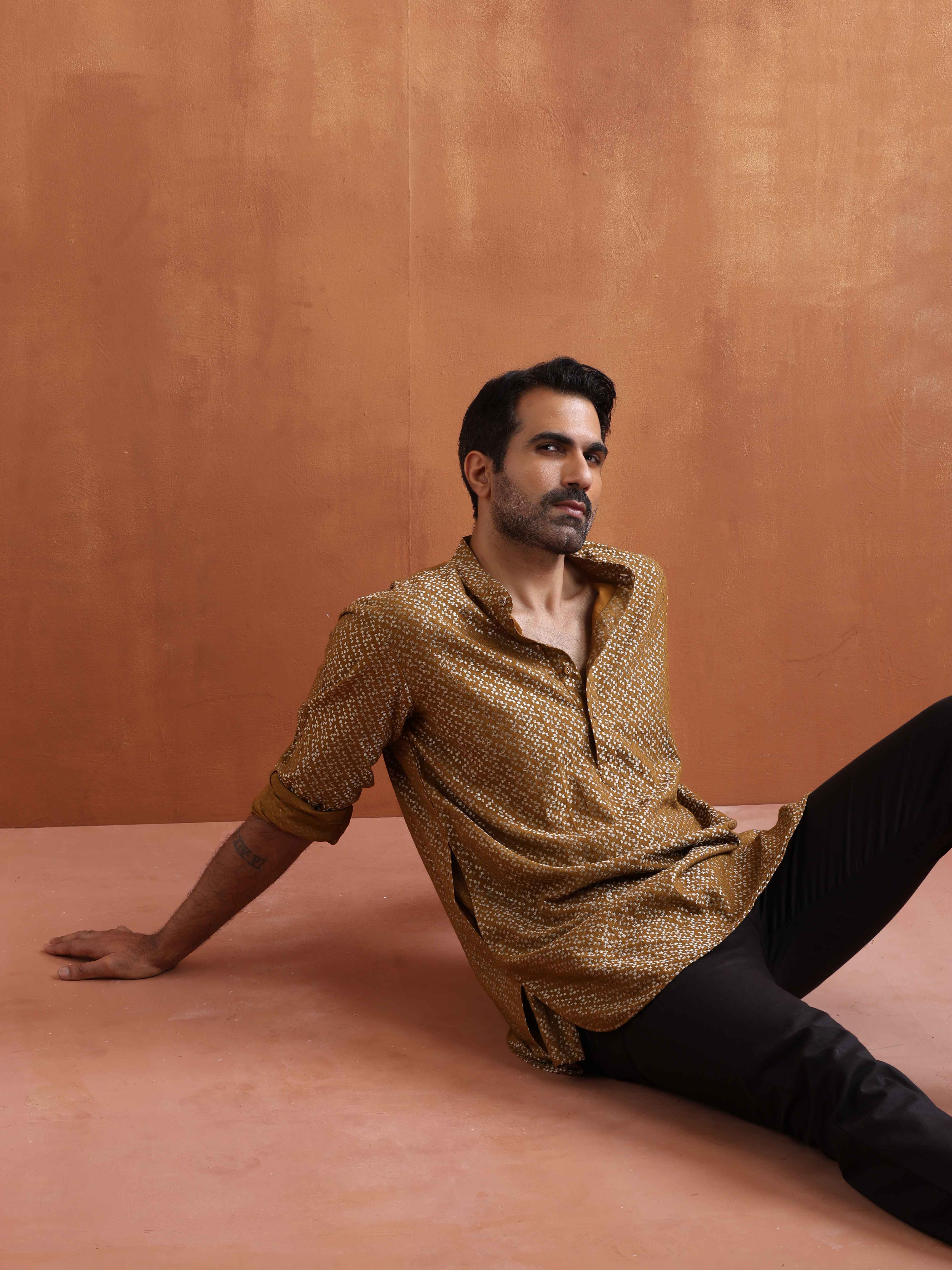 trueBrowns Men's Mustard Cotton Dobby Short Kurta - Distacart