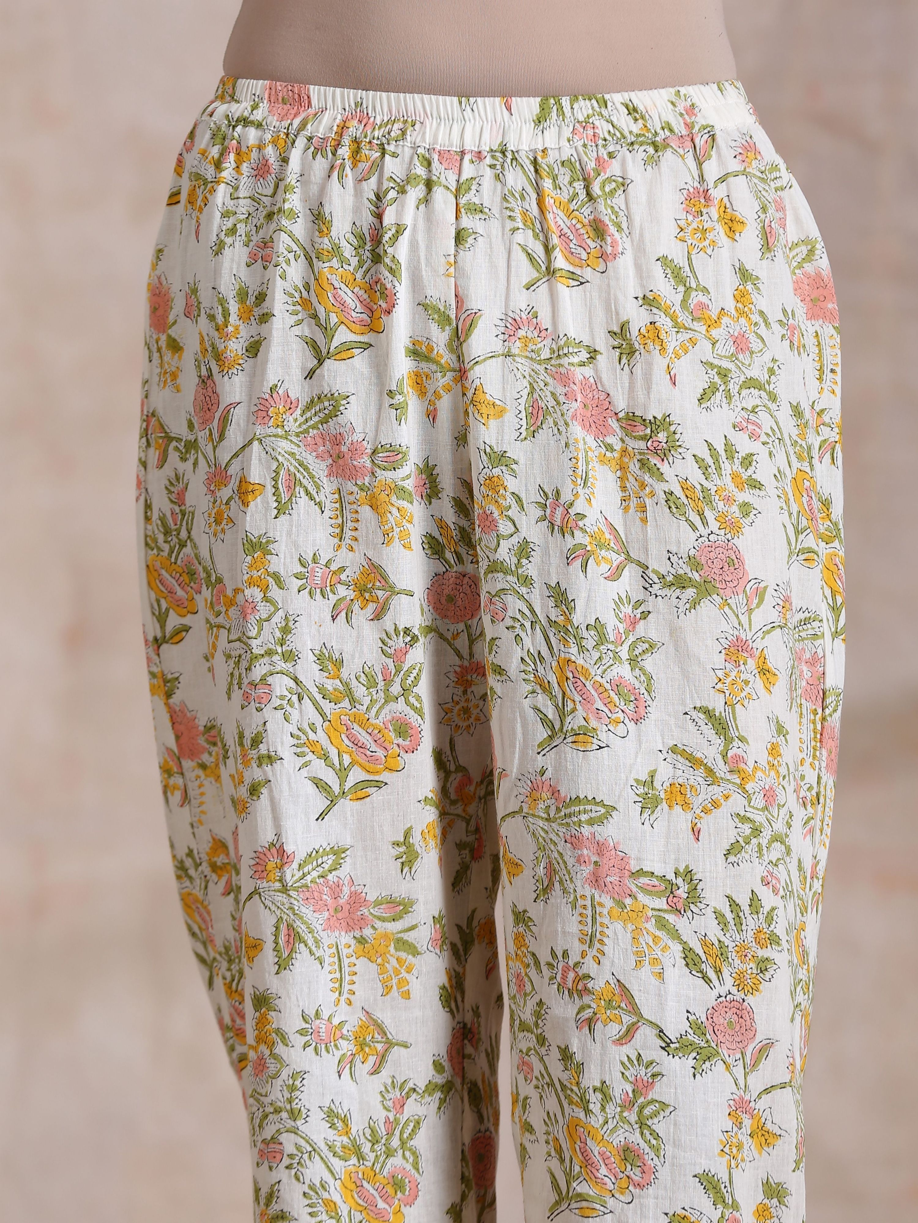 trueBrowns Pink Yellow Floral On White Block Print Cotton Panel Kaftan Kurta Pant Set - Distacart