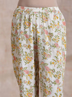 Thumbnail for trueBrowns Pink Yellow Floral On White Block Print Cotton Panel Kaftan Kurta Pant Set - Distacart