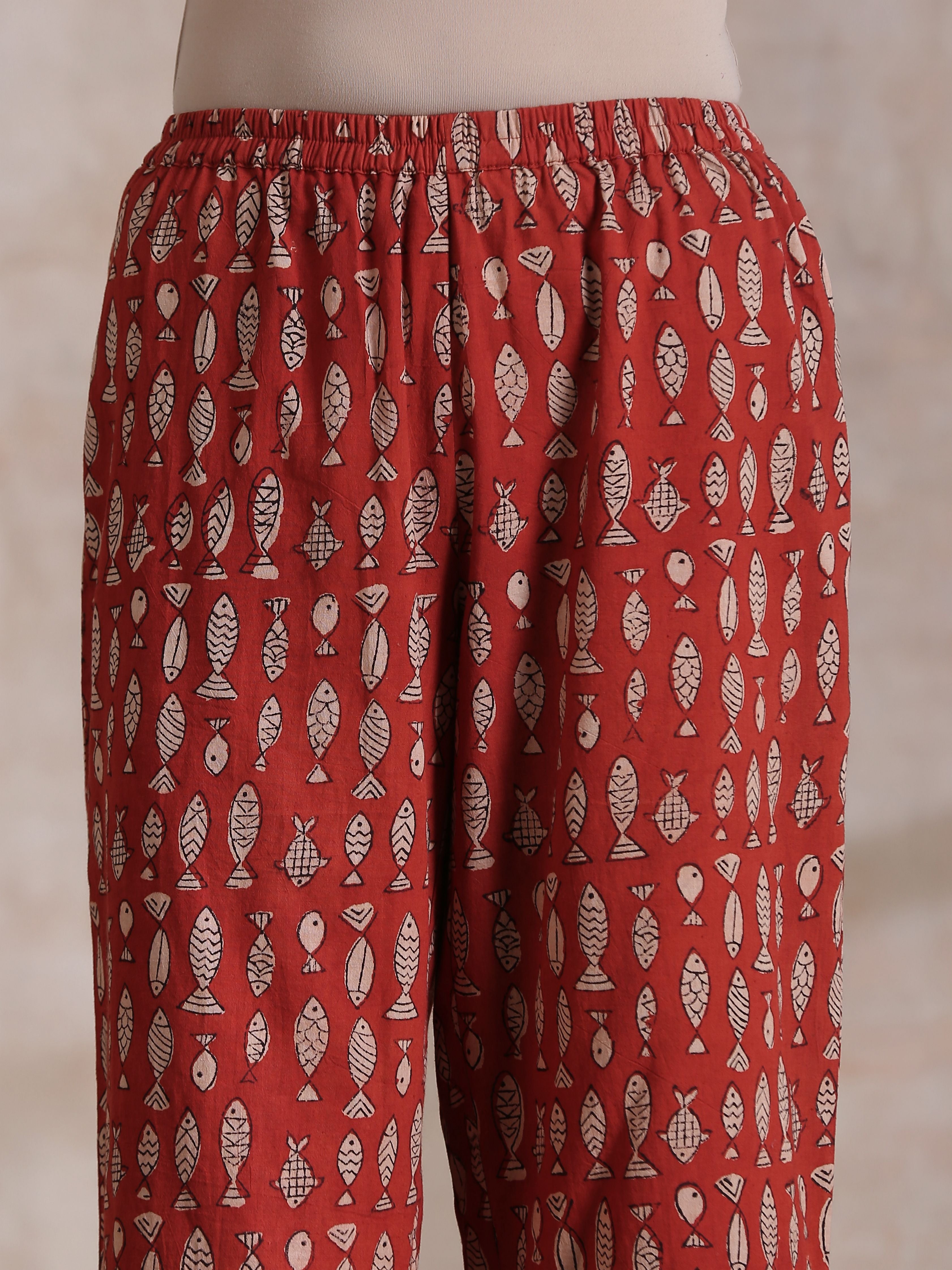 trueBrowns Rust Red Bagru Fish Print Cotton Gathers Co-Ord Set - Distacart