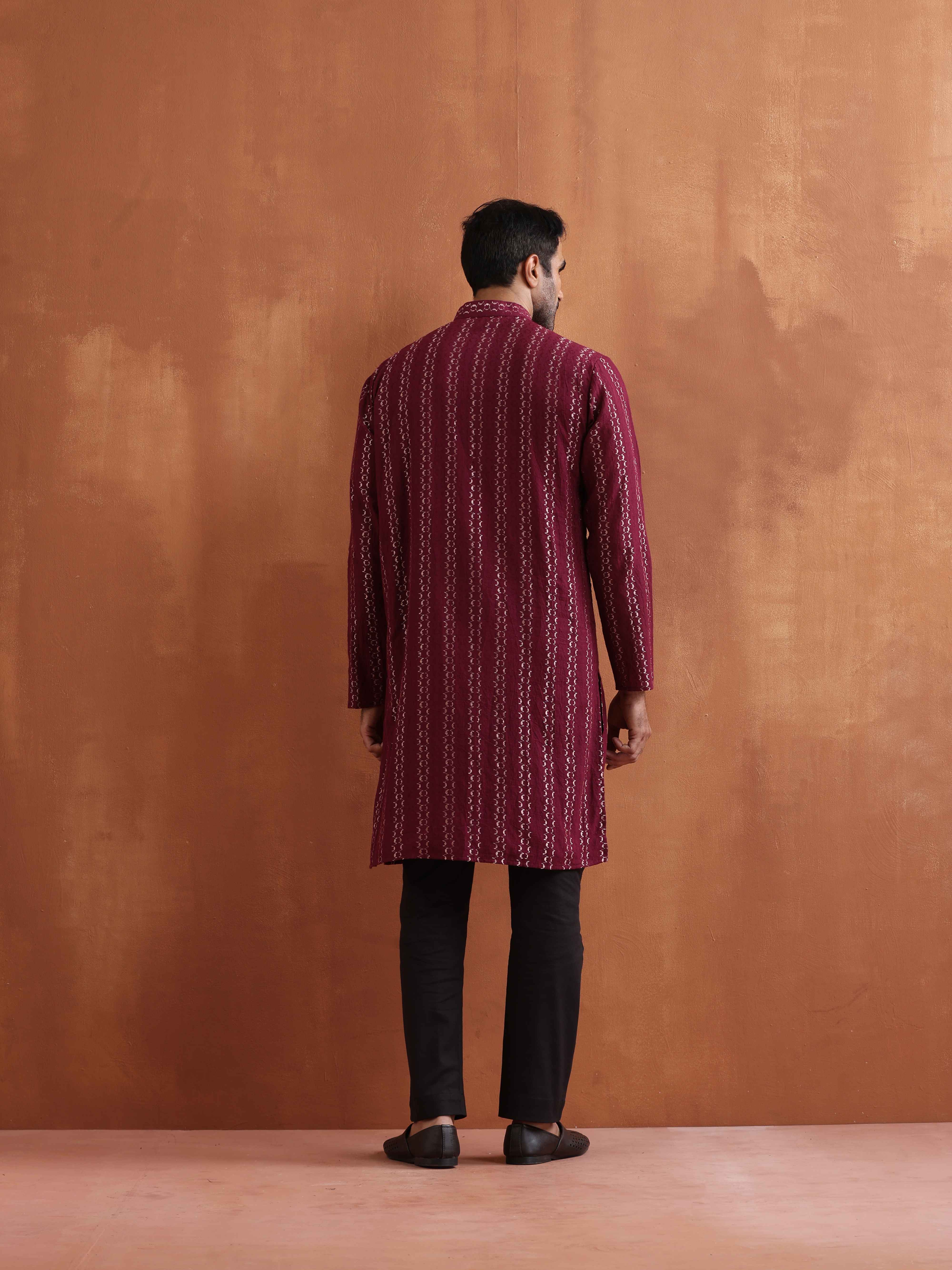 trueBrowns Men's Dark Purple Cotton Dobby Kurta - Distacart