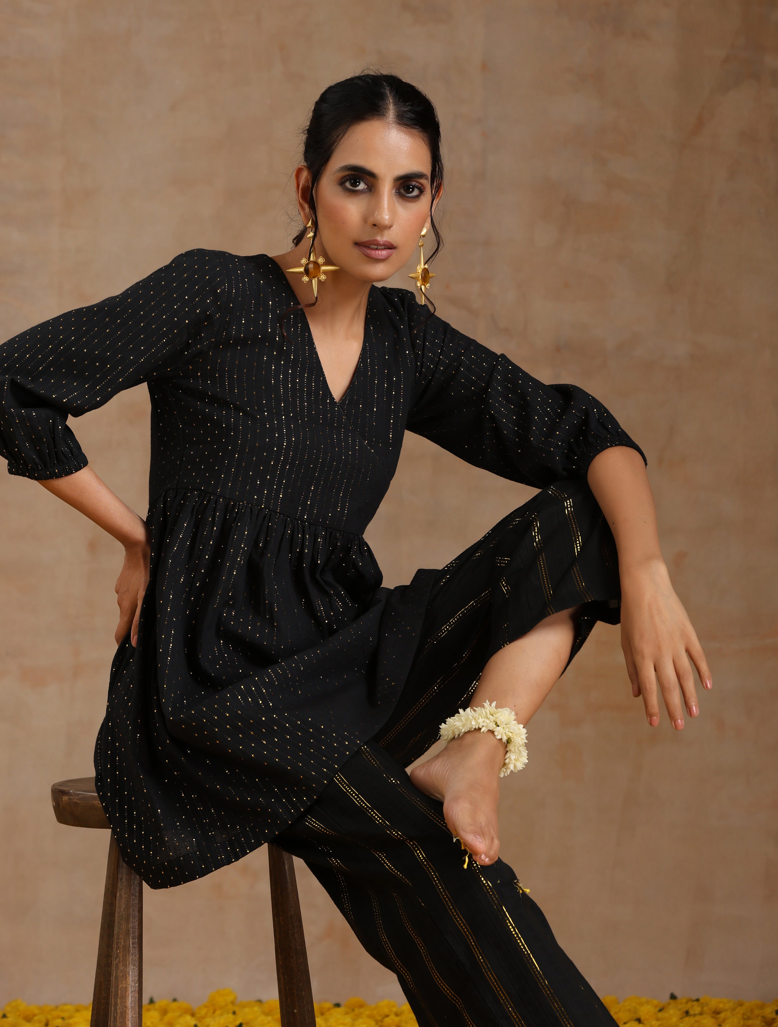 trueBrowns Black Gold Cotton Overlap Co-Ord Set - Distacart