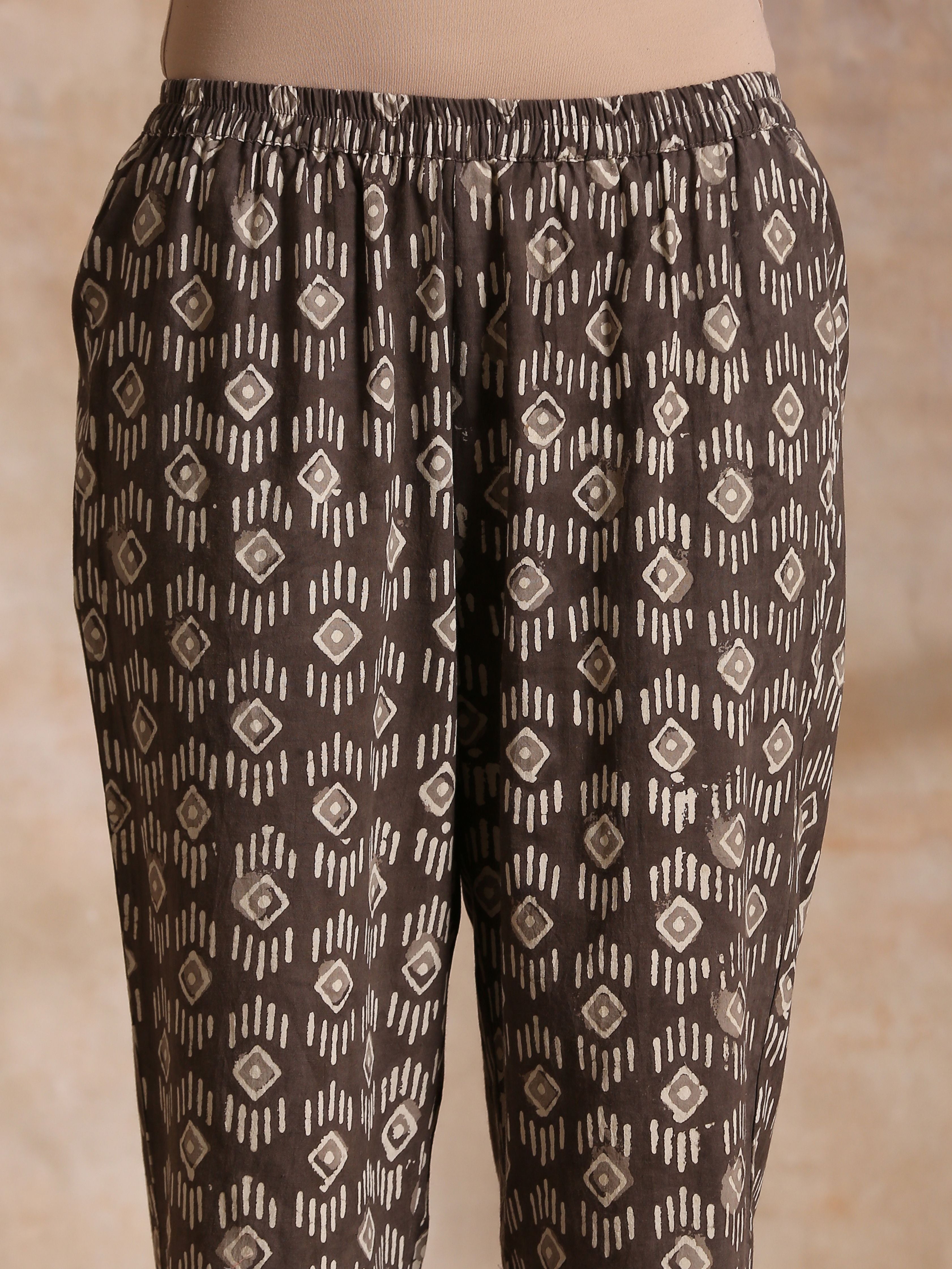 trueBrowns Clay Dabu Buta Print Cotton Front Neck Gathered Kurta Pant Set - Distacart