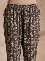 Thumbnail for trueBrowns Clay Dabu Buta Print Cotton Front Neck Gathered Kurta Pant Set - Distacart