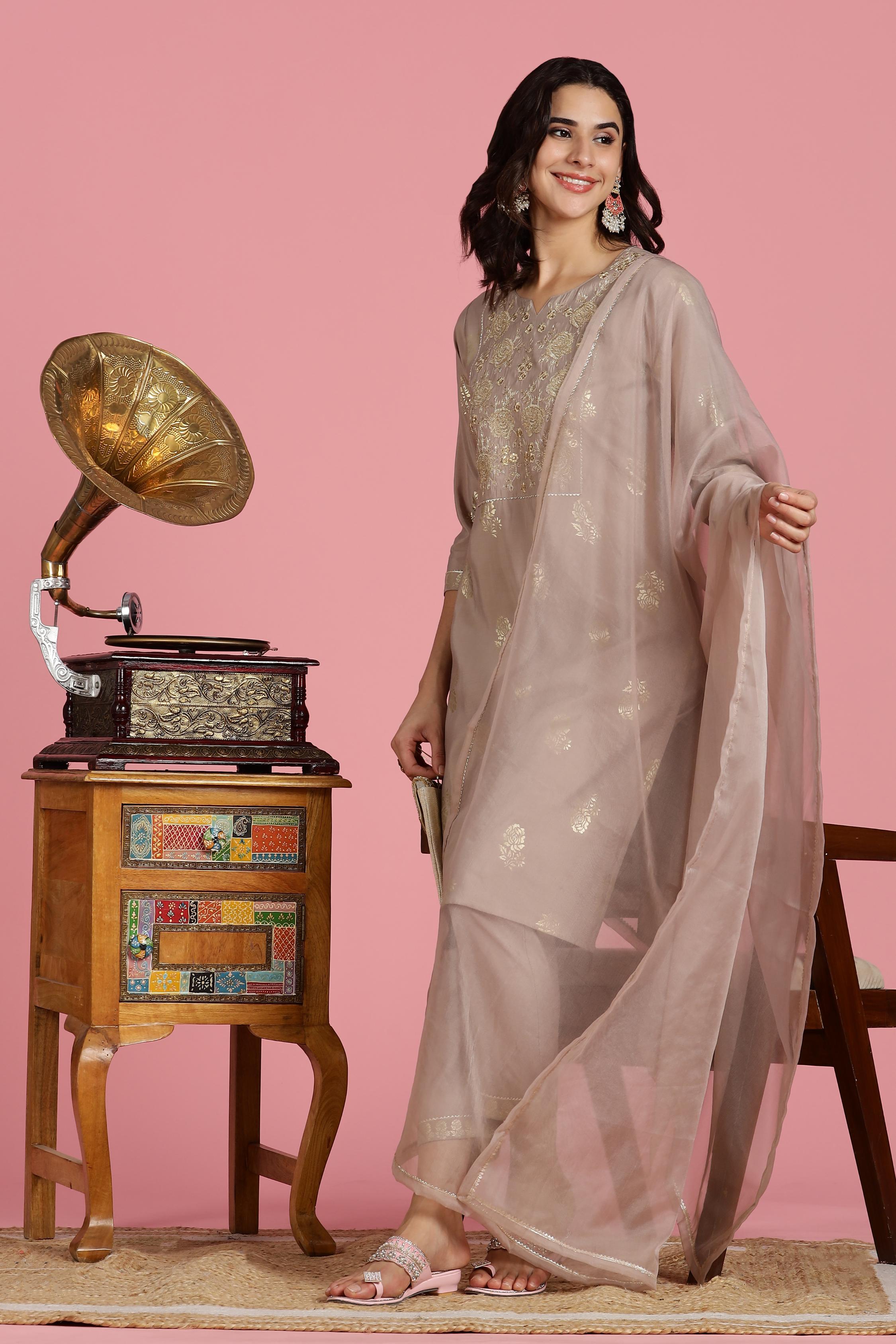 BulBul Women’s Mocha Mousse Embroidered Kurta Set with Dupatta