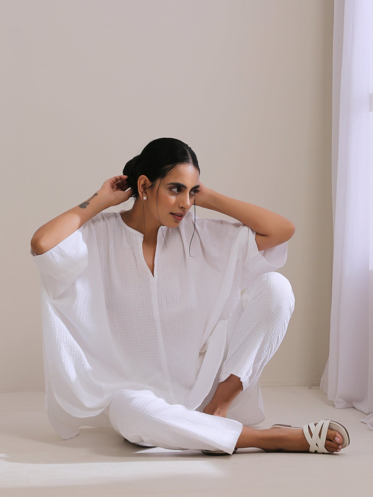 trueBrowns White Dobby Boxy Fit High Low Co-Ord Set - Distacart